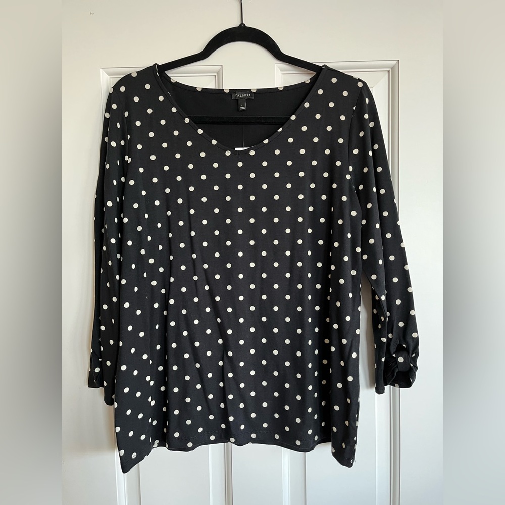 Talbots black and cream woman’s blouse with 3/4 length sleeve